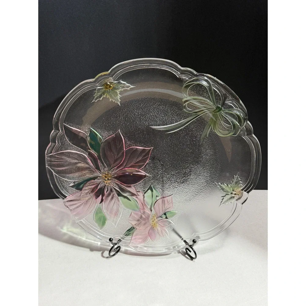Mikasa Holiday Poinsettia Glass Platter Christmas Serving Plate Textured Floral